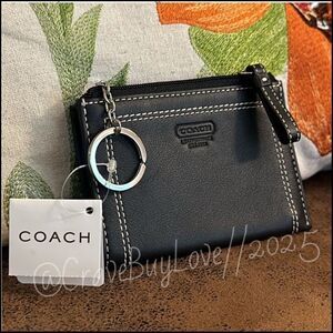 NWT COACH LEATHER CARD CASE BLACK w/CONTRAST STITCH MINI SKINNY KEY CHAIN 40065
